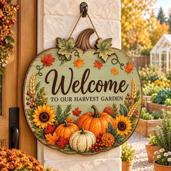 Harvest Garden Pumpkin Sunflower Wooden Door Sign for Autumn Porch Decor
