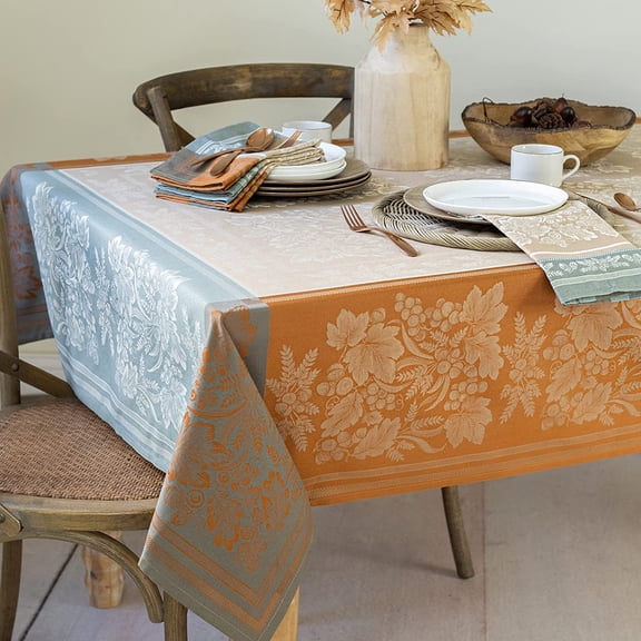 Harvest Gathering Heavyweight Engineered Jacquard Fabric Table Cloth, Taupe, 60" x 104" Rectangular