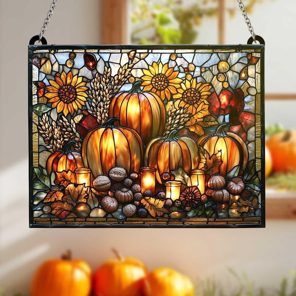 Harvest Glow Acrylic Suncatcher Faux Glass Autumn Window Panel with Pumpkins, Sunflowers, Leaves & Candles DÃ©cor