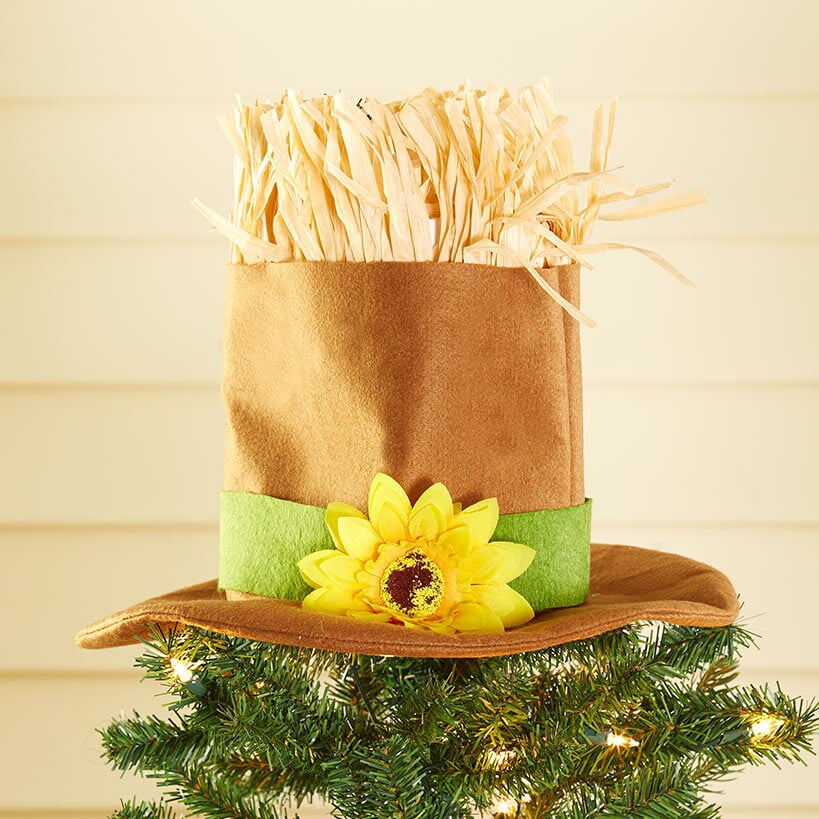 Brown Scarecrow Hat Christmas Tree Topper with Sunflower