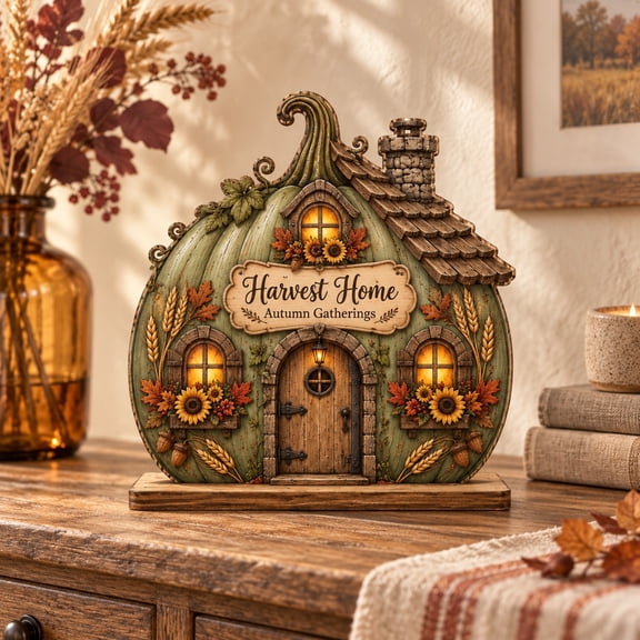 Harvest Home Pumpkin House Wooden Block for Thanksgiving Tabletop Gift