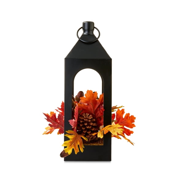 Harvest Iron Lantern with Autumn Florals Tabletop Decor, 17.75", by Way To Celebrate