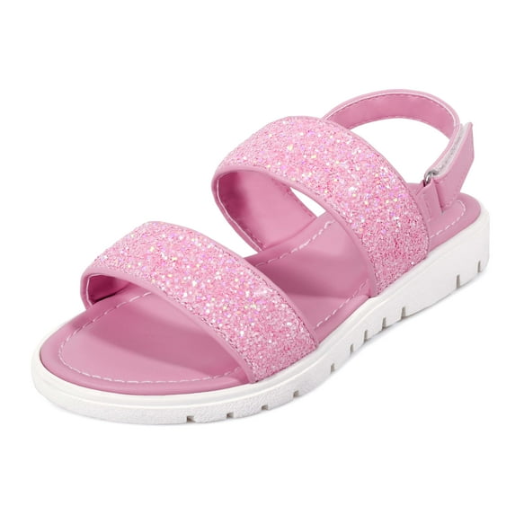 Harvest Land Girls Glitter Dress Sandals Double Straps Open Toe Flat Slides with Adjustable Slingback for Kids Wide Width