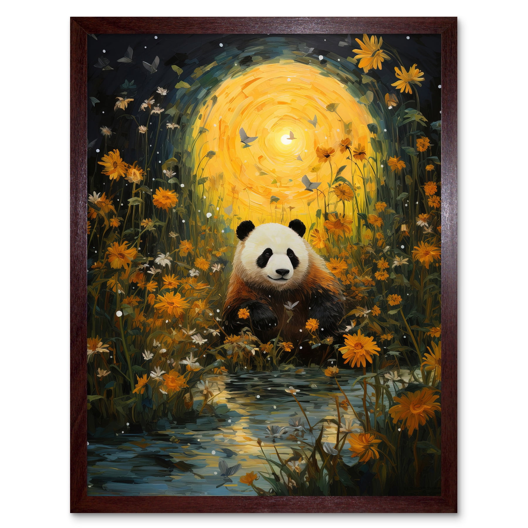 Harvest Moon Panda Landscape Oil Painting Panda Bear in a Wildflower ...