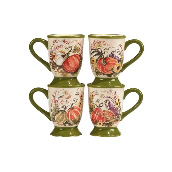 Harvest Morning Mugs, Set of 4 - Fall Thanksgiving Decorated Ceramic Mugs with Footed Base
