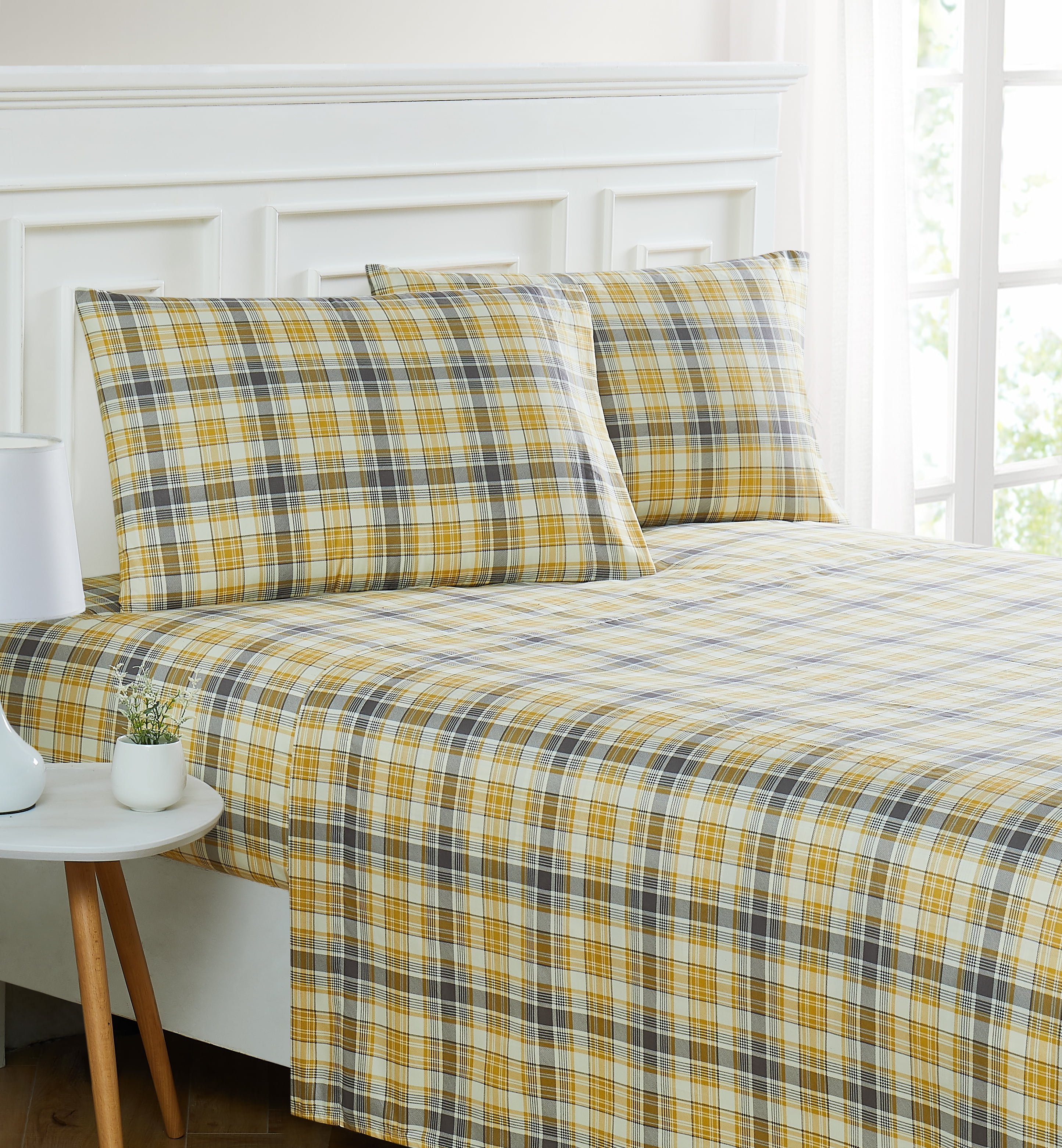 Full Size Yellow and Gray Plaid Microfiber Sheet Set
