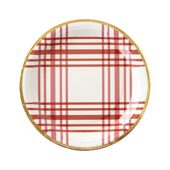 Harvest Plaid 9" Paper Plates Burnt Orange with Gold Foil Accent | Fall & Thanksgiving Party Tableware