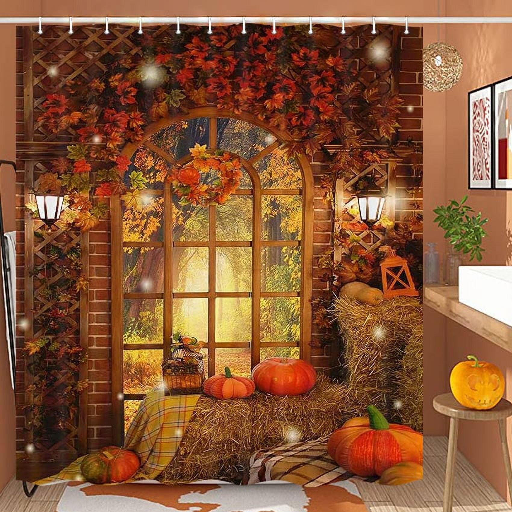 Harvest Pumkin Fall Shower Curtain Bathroom Sets, Thanksgiving Harvest Autumn Maple Leaf Fabric Bath Curtian, Fall Forest View Waterproof Shower Curtain Sets with Hooks 60 x 70 inch