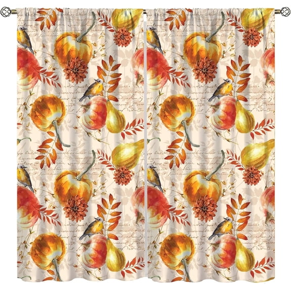 Harvest Pumkin Floral Kitchen Curtains, Vintage Newspaper Autumn Thanksgiving Farmhouse Village Window Treatments for Bedroom Living Room Kitchen Drapes 2 Panels Rod Pocket 63x63 Inch