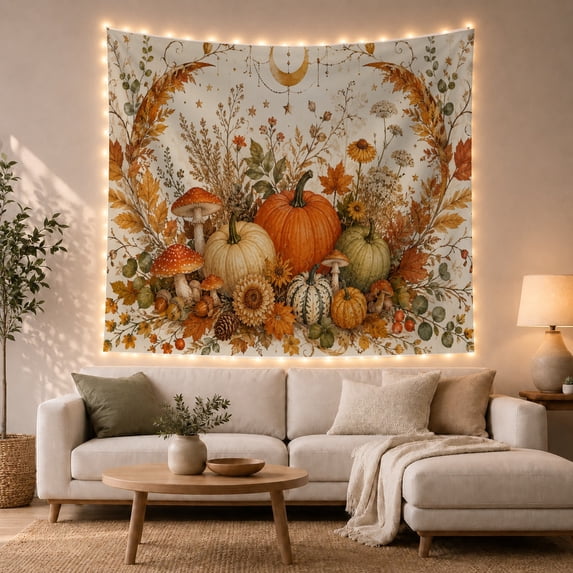 Harvest Pumpkin Arrangement on Cream Parchment Background, Whimsical Illustration for Nature Lovers, Botanical Art Decor, Thanksgiving Gift, Tapestry Wall Hanging for Living Room and Bedroom