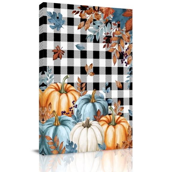 Harvest Pumpkin Canvas Wall Art for Living Room, Fall Thanksgiving Orange Blue Leaves Black White Plaid Poster Print Painting for Bedroom Office Home Decoration Wall Pictures Prepare To Hang 24"x36"