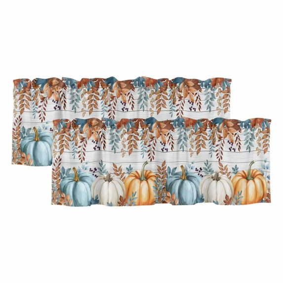 Harvest Pumpkin Curtain Valance for Windows 2 Pack, Fall Thanksgiving Orange Blue Eucalyptus Leaves Wood Short Curtains Window Treatments for Kitchen Bathroom Living Room Bedroom,42x18 Inch