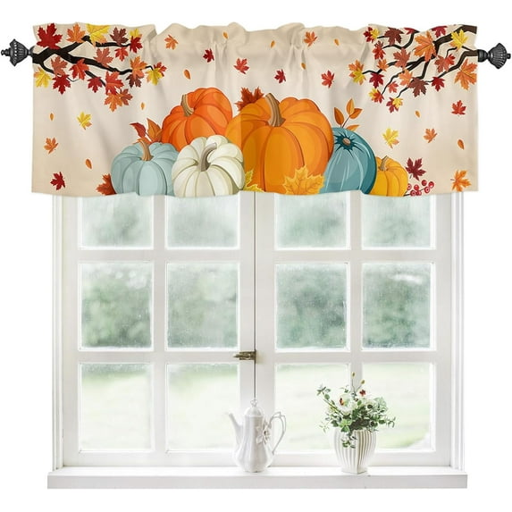 Harvest Pumpkin Kitchen Curtains Valances for Window,Tanksgiving Fall Curtains & Drapes Rod Pocket Maple Leaf Curtain Autumn Short Topper Valance for Kitchen Window Curtains Over Sink 54x18in,1 Panel