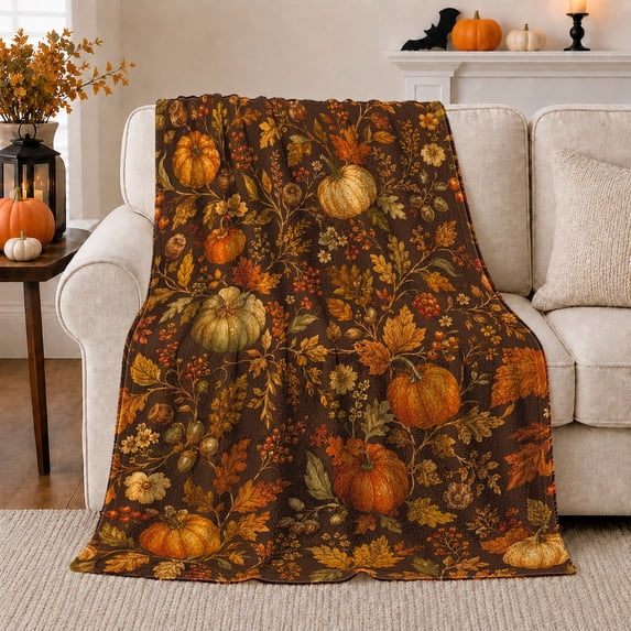 Harvest Pumpkin Leaf Flannel Blanket for Living Room and Cabin, Brown Orange White Pumpkin Maple Berry Acorn Wildflower Artwork, Home Decor, Gift for Fall Harvest Lovers