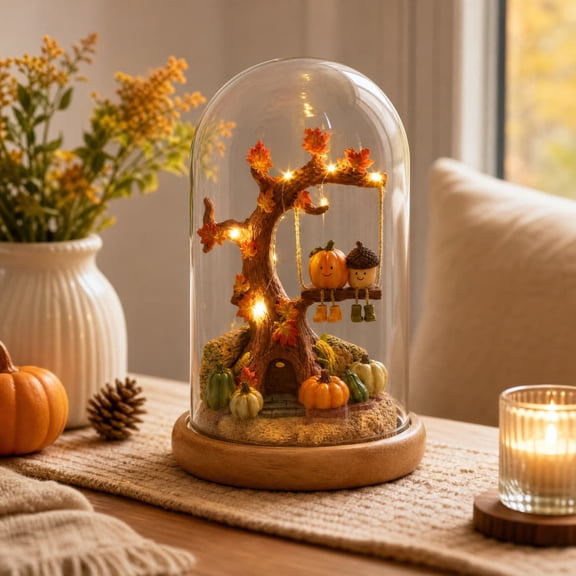 Harvest Pumpkin Maple Tree Night Light Lamp, Handmade Fall Miniature Scene Glass Dome Light with Wooden Base, Autumn Tabletop Warm Fairy Lamp for Thanksgiving