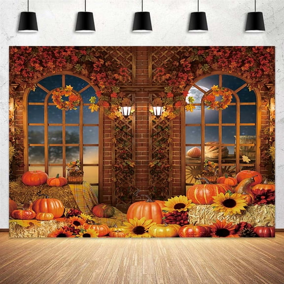 Harvest Pumpkin Party Backdrop,7X5Ft Autumn Window Photography Background Fall Sunflower Party Event Decoration
