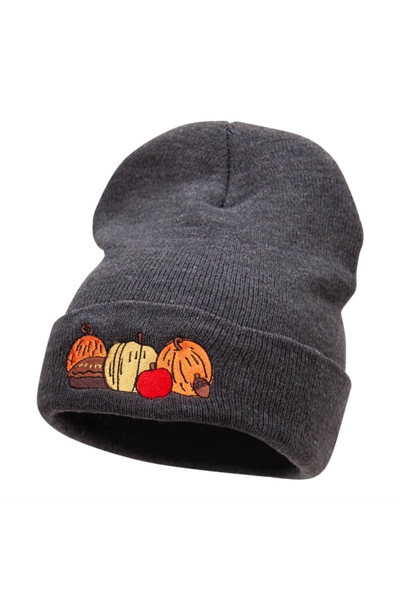 Harvest Pumpkin Patch Season Embroidered Long Knitted Beanie - Dk Grey OSFM