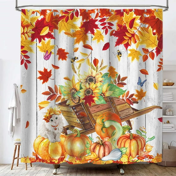 Harvest Pumpkin Shower Curtain, Sunflower Fall Bathroom Shower Curtain Cat Plant Leaf Yellow Bathroom Curtain Rustic Farmhouse Bathtub Decor