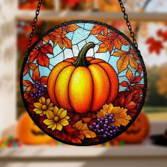 Harvest Pumpkin Stained Glass Suncatcher, Fall Window Decor for Thanksgiving, Autumn Halloween Hanging Art, Cozy Home Ornament