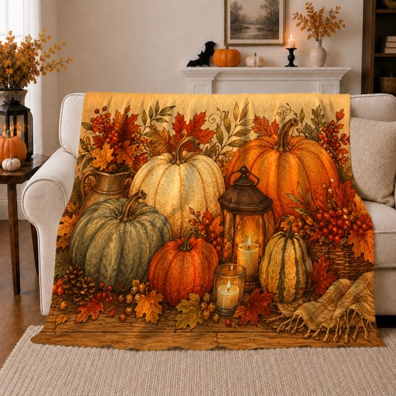 Harvest Pumpkin Still Life Autumn Accent, Cozy Rustic Scene, Warm Flannel Blanket for Ranch House and Living Room, Animal Lovers Thanksgiving Gift, Rustic Home Decor