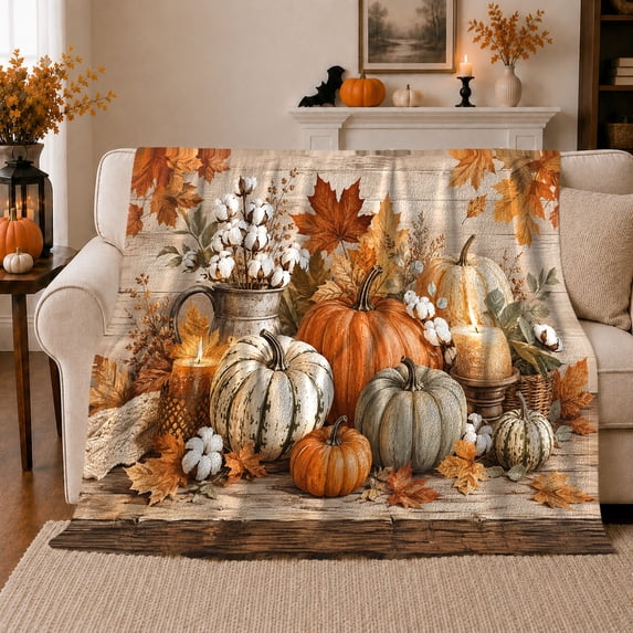 Harvest Pumpkin Still Life Autumn Maple Leaves, Cozy Rustic Scene, Warm Flannel Blanket for Ranch House and Living Room, Animal Lovers Thanksgiving Gift, Rustic Home Decor