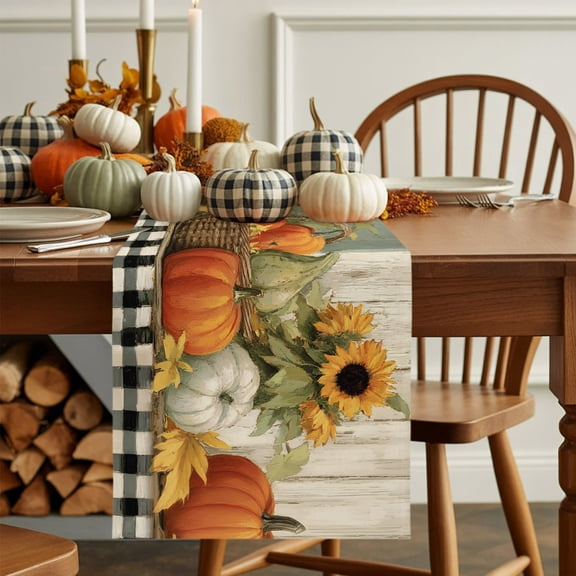 Harvest Pumpkin Sunflower Table Runner 13x36in Non-Slip Cotton Linen Table Runners, Shabby Chic Vintage Farm Dresser Scarves TableRunner for Dinner Kitchen Dining Wedding Party