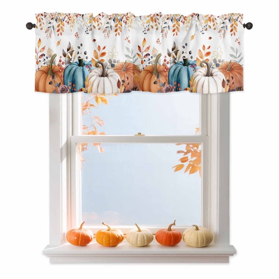 Harvest Pumpkin Valances for Windows, 54 x 18in, Thanksgiving Fall Orange Brown Eucalyptus Leaf Floral Rod Pocket Kitchen Valance Curtain Light Filtering Window Treatments for Living Room Bedroom