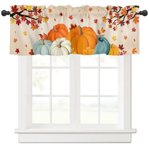 Harvest Pumpkin Valances Windows Curtains Thanksgiving Fall Rod Pocket Kitchen Valance Window Treatments Autumn Maple Leaf Short Curtains for Bathroom Living Room Seasonal Decor, 54 W x 18 L