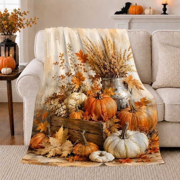 Harvest Pumpkin Wheat Bouquet Still Life Rustic Farmhouse, Rustic Botanical Portrait, Warm Flannel Blanket for Ranch House and Living Room, Animal Lovers Thanksgiving Gift, Rustic Home Decor