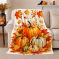 thumbnail image 1 of Harvest Pumpkins with Sunflower, Festive Illustration Style for Fall Lovers, Cozy Cream Damask Scene, Flannel Blanket for Living Room and Cabin, Thanksgiving Gift and Seasonal Home Decor, 1 of 9