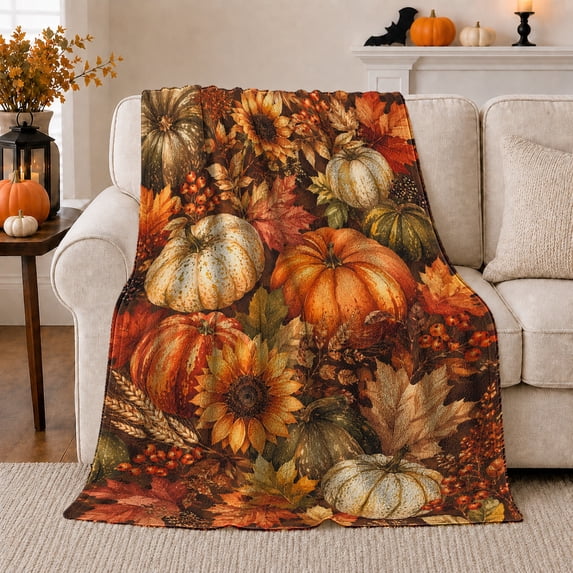 Harvest Pumpkins with Sunflowers and Berries, Rich Autumn Style for Fall Lovers, Seasonal Still Life Motif and Thanksgiving Gift, Soft Flannel Blanket for Bedroom and Reading Nook, Home Decor