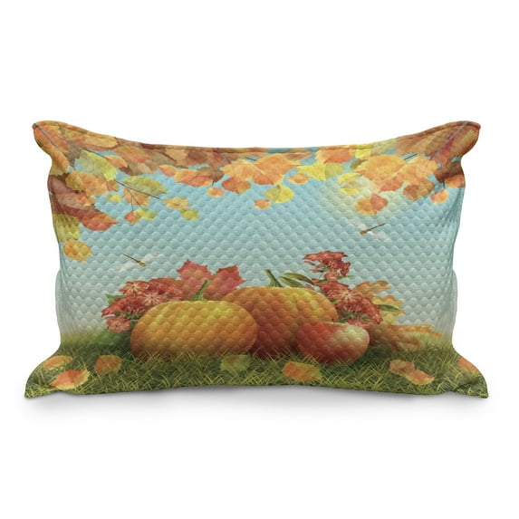 Harvest Quilted Pillowcover, Fall Season Yield Thanksgiving Image Fallen Leaves Branches Pumpkins, Standard King Size Accent Pillow Cover for Bedroom, 36" x 20", Orange Vermilion Green, by Ambesonne