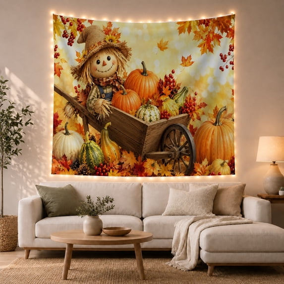 Harvest Scarecrow Figure With Slightly Behind Wooden Wheelbarrow, Mystical Fantasy for Space Lovers, Galaxy Room Decor, Halloween Gift, Tapestry Wall Hanging for Bedroom and Dorm