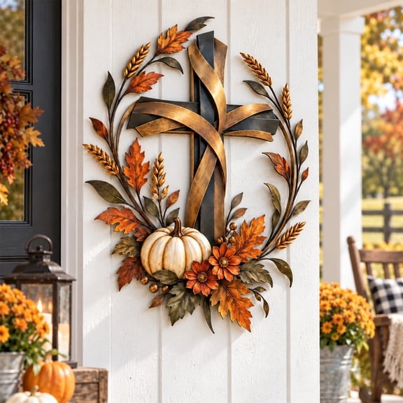 Harvest Season 2D Flat Cross Wall Ornament 9.84 Inch with Pumpkin Wheat Stalk and Fall Leaves for Indoor Wall Decoration