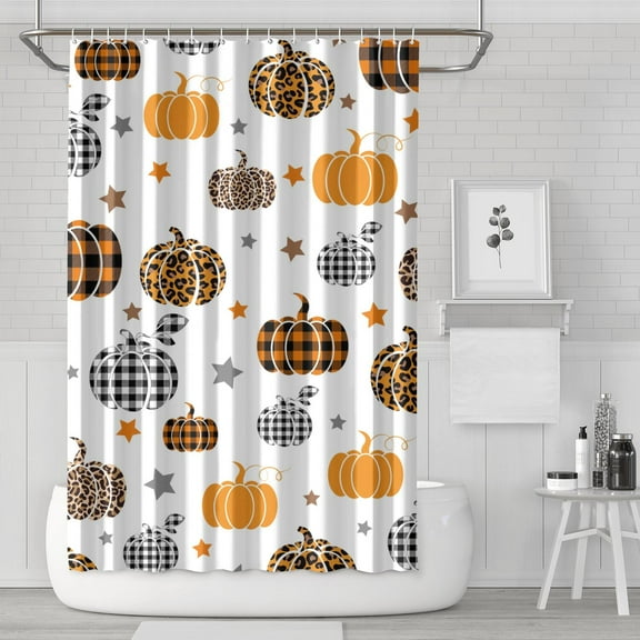 Harvest Season Shower Curtain 72x72 Inch, Fall Thanksgiving Pumpkin and Foliage Design - Waterproof Fabric Bathroom Decor with Hooks