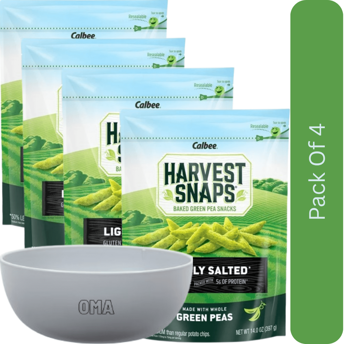 Harvest Snaps Baked Green Pea Crisps, Healthy Crunchy Snack, 14 oz. With White Bowl By OMA