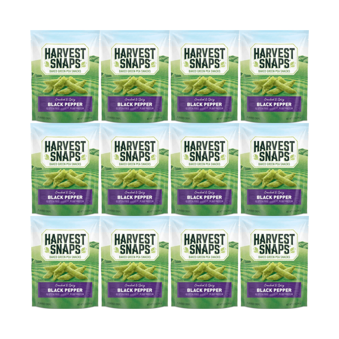 Harvest Snaps Baked Green Pea Snacks Black Pepper Flavor 3.3 oz Bags – 12 Count | Gluten Free, Plant Based, Crunchy Veggie Chips, Healthy Snack for Kids & Adults