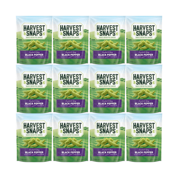 Harvest Snaps Baked Green Pea Snacks Black Pepper Flavor 3.3 oz Bags  12 Count | Gluten Free, Plant Based, Crunchy Veggie Chips, Healthy Snack for Kids & Adults