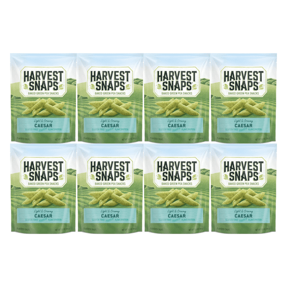 Harvest Snaps Baked Green Pea Snacks Caesar Flavor 3.3 oz Bags 8 Count Gluten Free Veggie Chips, Plant Based Protein, Crunchy Healthy Snack