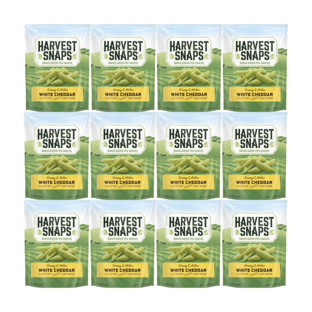 Harvest Snaps Baked Green Pea Snacks Veggie Chips – White Cheddar – Gluten Free Plant-Based Crunchy Snack – 3 oz Bags – 12 Count Bulk Pack