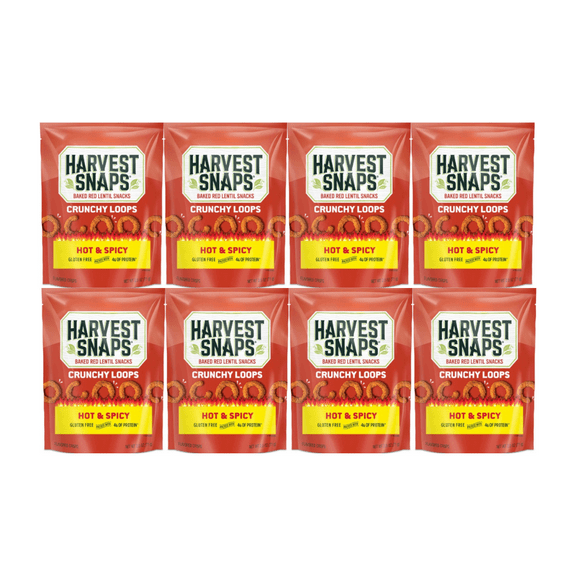Harvest Snaps Baked Red Lentil Snacks Hot & Spicy 2.5 oz 8 Count Crunchy Healthy Snack, Plant-Based Protein, Gluten Free, Low Sodium, Perfect for Lunches, Office, Parties, On-the-Go