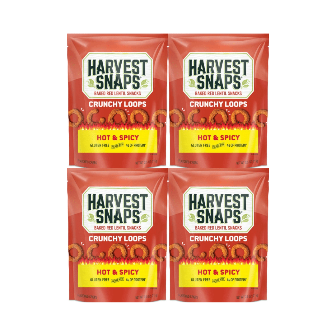 Harvest Snaps Baked Red Lentil Snacks Hot & Spicy | 4 Count, 2.5 oz Each | Crunchy Plant-Based Snack, Gluten Free, Non-GMO, Protein Packed