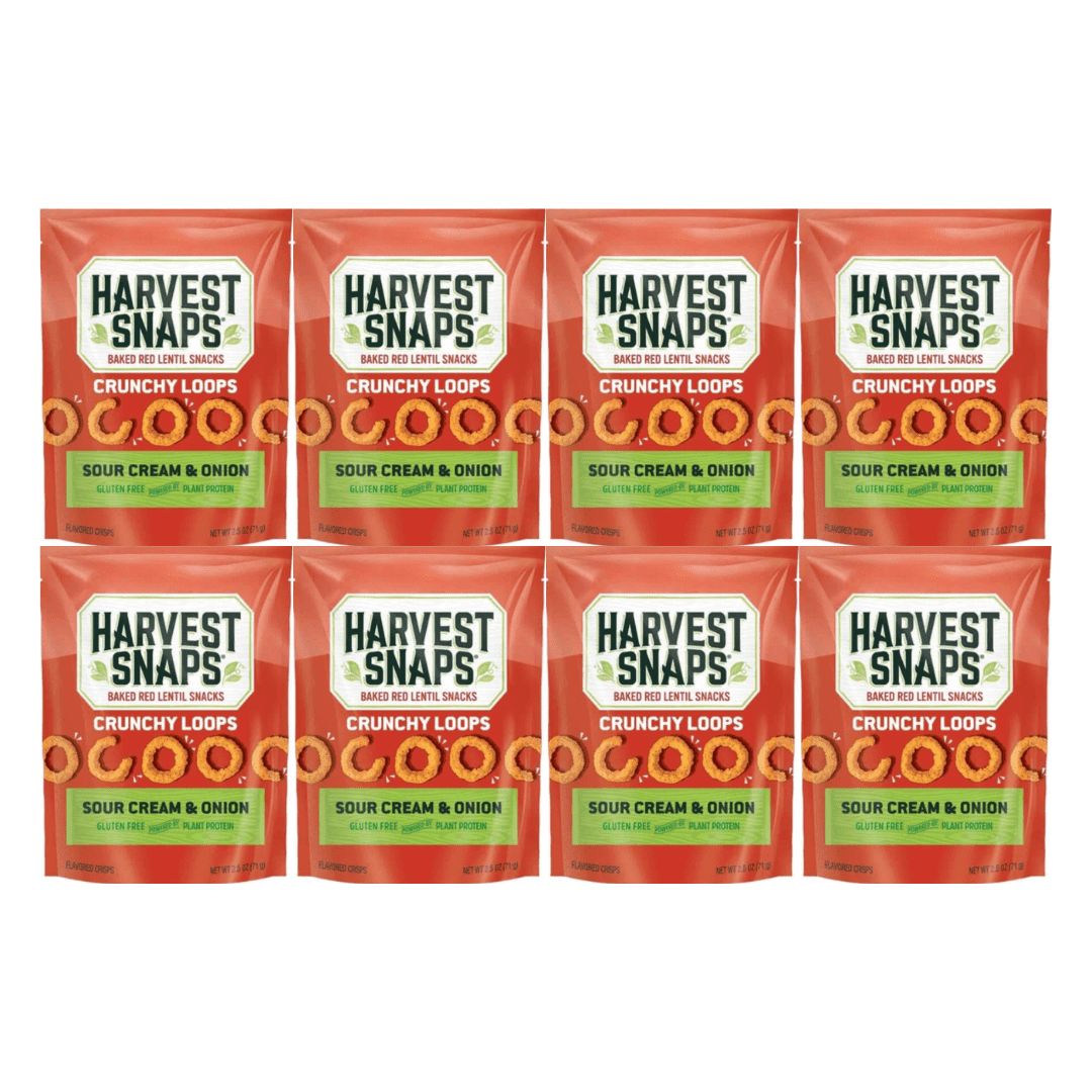 Harvest Snaps Baked Red Lentil Snacks Sour Cream & Onion 2.5oz 8 Count – Crunchy Plant-Based Snack, Gluten Free, Source of Protein