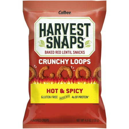 Harvest Snaps Crunchy Loops Baked Red Lentil Snacks, Hot & Spicy, Gluten Free Veggie Crisps, 4.5 oz