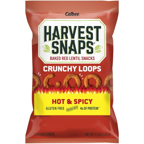 Harvest Snaps Crunchy Loops Baked Red Lentil Snacks, Hot & Spicy, Gluten Free Veggie Crisps, 4.5 oz