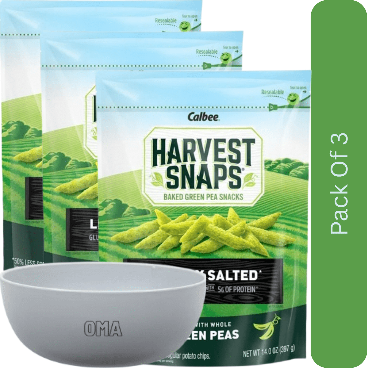 Harvest Snaps Green Pea Snacks, Gluten-Free Baked Crisps, 14 oz. With White Bowl By OMA