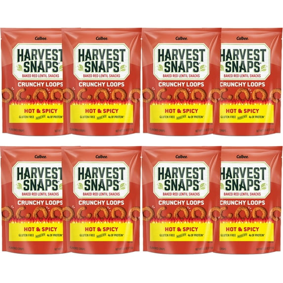 Harvest Snaps | Hot & Spicy Crunchy Loops, 2.5 oz Bag (Case of 12) | Plant Protein, Gluten Free, Baked Snacks