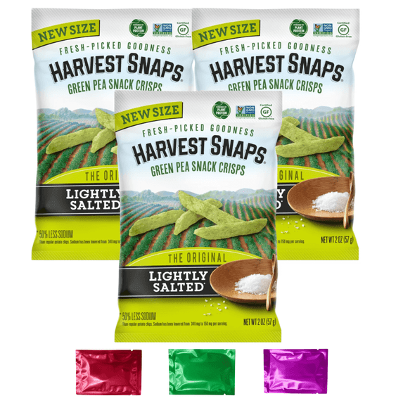 Harvest Snaps Lightly Salted Green Pea Vegetable Snack Crisps, Gluten-Free Baked Never Fried Healthy Snack, Baked and Crunchy Snacks 2 oz 3 Pack w/ Bonus Snoep in Beperkte Oplage