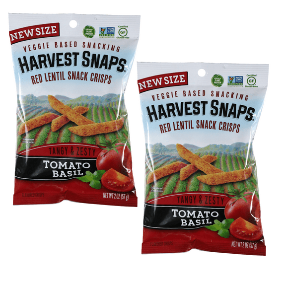 Harvest Snaps Red Lentil Snack Crisps, Tomato Basil Flavor Baked and Crunchy Veggie Snacks with Plant Protein and Fiber for Kids Adult Lunchbox Halloween Trick or Treats and Party Favor 2oz Pack of 2