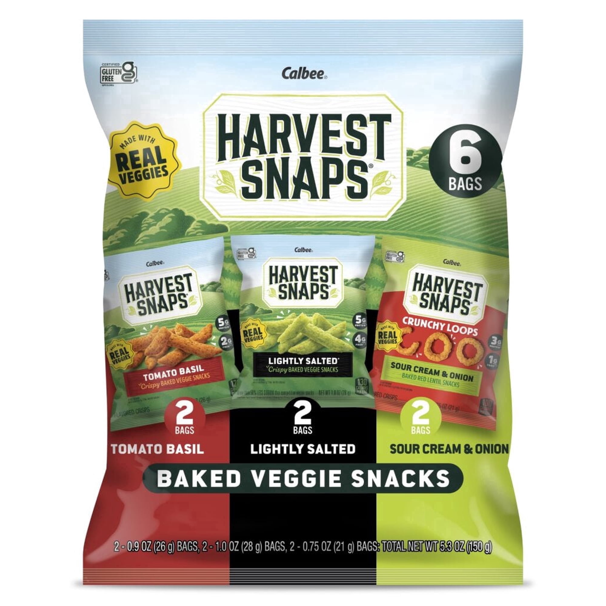 Harvest Snaps Variety Bag Baked Gluten Free Snacks, Veggie Crisps, 3 Flavors, 6 Bags, 5.3 oz
